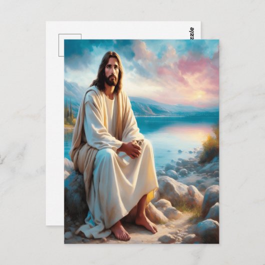 夕日の水のそばのイエス・ディバイン・ピース ポストカード (正面/裏面)