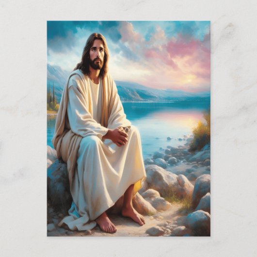 夕日の水のそばのイエス・ディバイン・ピース ポストカード (正面)