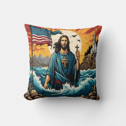 夕日の波/山で十字架を持つイエス クッション (正面)