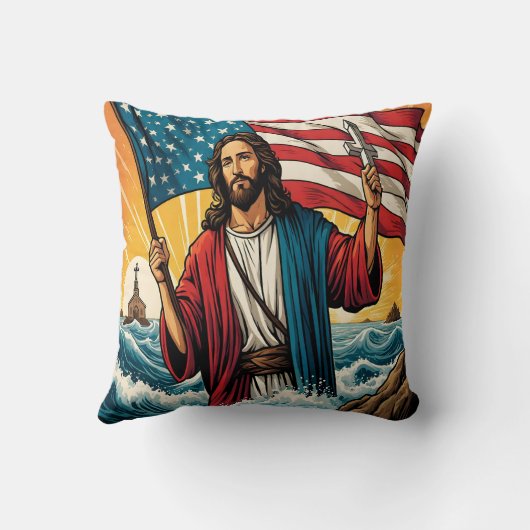夕日の海のアメリカ国旗を持つイエス クッション (裏面)