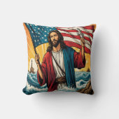 夕日の海のアメリカ国旗を持つイエス クッション (正面)