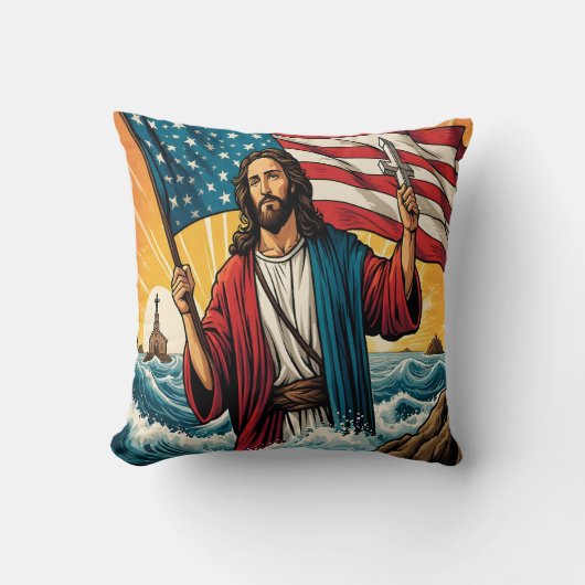 夕日の海のアメリカ国旗を持つイエス クッション (正面)