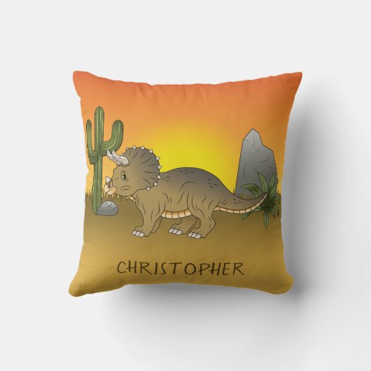 夕日の砂漠の可愛い漫画のトリケラトプス恐竜 クッション (裏面)