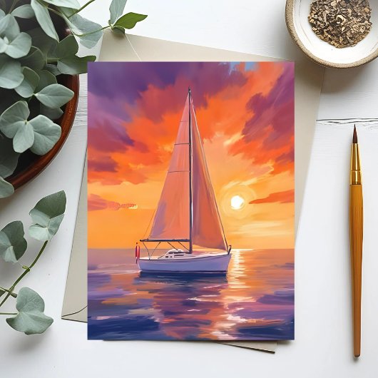 夕日の航海 | 海岸の海の絵画 ポストカード