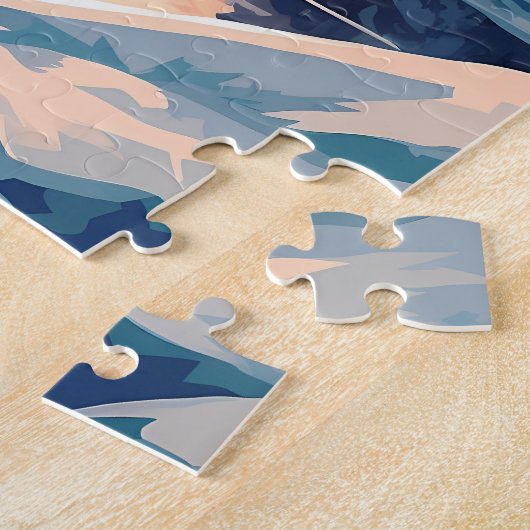 夕日の間に湖の雪に覆われた森の中のハスキー ジグソーパズル (側面)