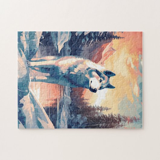 夕日の間に湖の雪に覆われた森の中のハスキー ジグソーパズル (横)