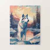 夕日の間に湖の雪に覆われた森の中のハスキー ジグソーパズル (縦)