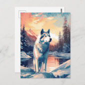 夕日の間に湖の雪に覆われた森の中のハスキー ポストカード (正面/裏面)
