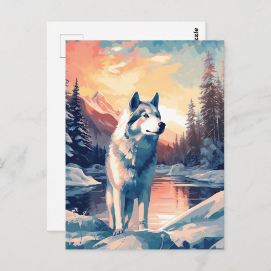 夕日の間に湖の雪に覆われた森の中のハスキー ポストカード (正面/裏面)