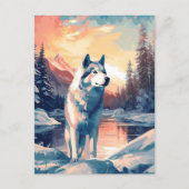 夕日の間に湖の雪に覆われた森の中のハスキー ポストカード (正面)