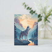 夕日の間の雪の多い山の中でハスキー ポストカード (スタンド正面)