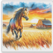 夕日の馬の走鮮やかな水色 シール (正面)