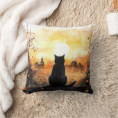 夕日を凝視する黒猫秋ハロウィン クッション (ブランケット)
