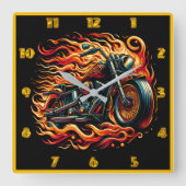 夕日を通して走る炎のオートバイ鮮やかス スクエア壁時計 (正面)