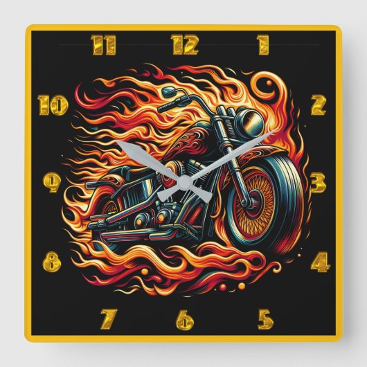 夕日を通して走る炎のオートバイ鮮やかス スクエア壁時計 (正面)
