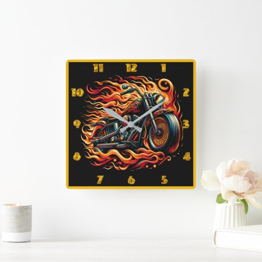 夕日を通して走る炎のオートバイ鮮やかス スクエア壁時計 (ホーム)