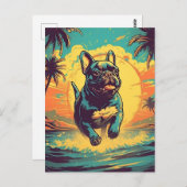 夕日フランスのの間に熱帯ビーチでブルドッグ ポストカード (正面/裏面)