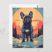 夕日フランスのの間のブルドッグの冬山林 ポストカード (正面/裏面)