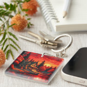 夕日絵を描とコテージと湖–66633 キーホルダー (正面右)