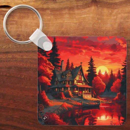 夕日絵を描とコテージと湖–66633 キーホルダー (正面)