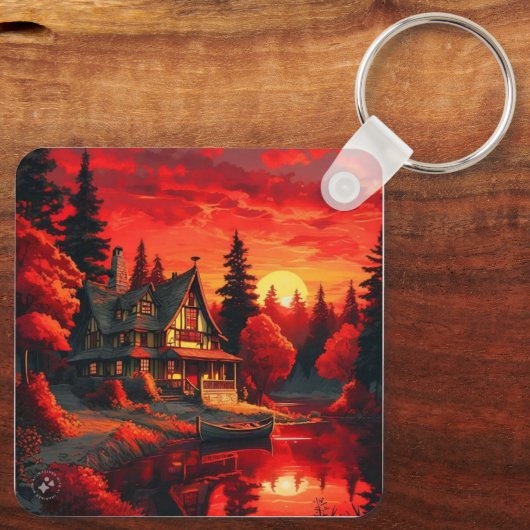 夕日絵を描とコテージと湖–66633 キーホルダー (裏面)