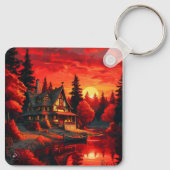 夕日絵を描とコテージと湖–66633 キーホルダー (裏面)