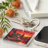 夕日絵を描とコテージと湖–66633 キーホルダー (正面右)
