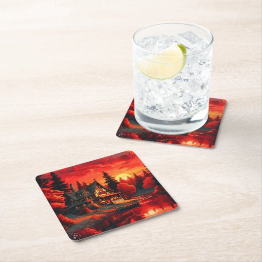 夕日絵を描とコテージと湖–66633 スクエアペーパーコースター (インサイチュ)