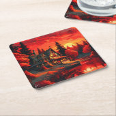 夕日絵を描とコテージと湖–66633 スクエアペーパーコースター (アングル)