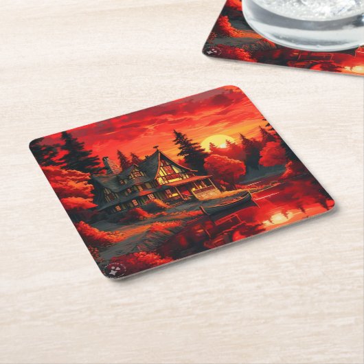 夕日絵を描とコテージと湖–66633 スクエアペーパーコースター (アングル)