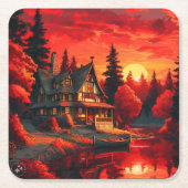 夕日絵を描とコテージと湖–66633 スクエアペーパーコースター (正面)