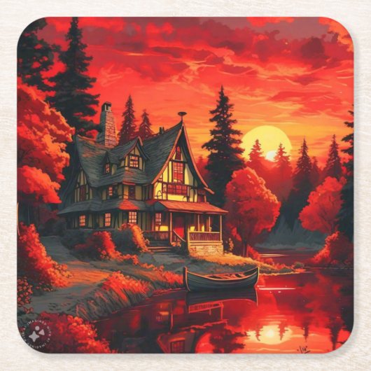 夕日絵を描とコテージと湖–66633 スクエアペーパーコースター (正面)