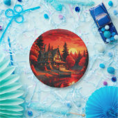 夕日絵を描とコテージと湖–66633 ペーパープレート (パーティー)