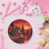 夕日絵を描とコテージと湖–66633 ペーパープレート (パーティー)