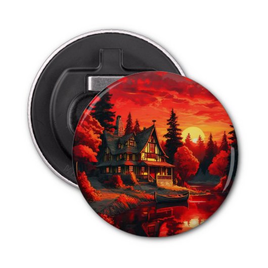 夕日絵を描とコテージと湖–66633 栓抜き (正面)