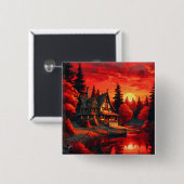 夕日絵を描とコテージと湖–66633 缶バッジ (正面&裏面)