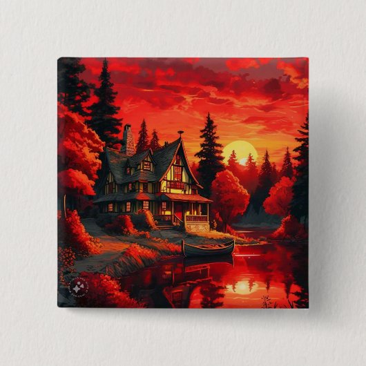 夕日絵を描とコテージと湖–66633 缶バッジ (正面)