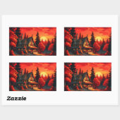 夕日絵を描とコテージと湖–66633 長方形シール (シート)