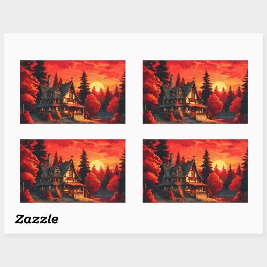 夕日絵を描とコテージと湖–66633 長方形シール (シート)