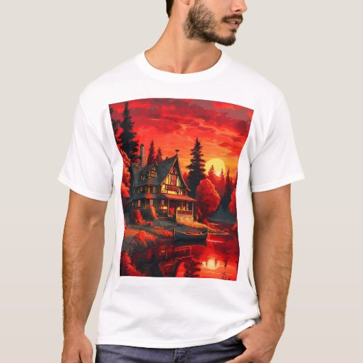 夕日絵を描とコテージと湖–66633 Tシャツ (正面)