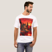 夕日絵を描とコテージと湖–66633 Tシャツ (正面フル)