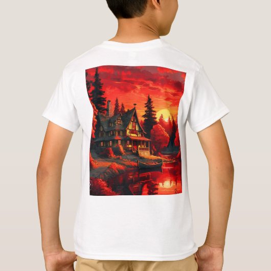 夕日絵を描とコテージと湖–66633 Tシャツ (裏面)