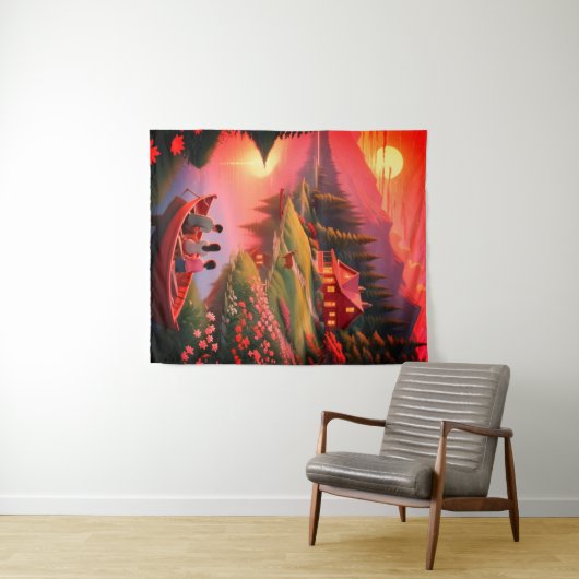 夕日絵を描と湖とコテージ-00000 タペストリー (インサイチュ(横))