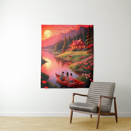 夕日絵を描と湖とコテージ-00000 タペストリー (インサイチュ)