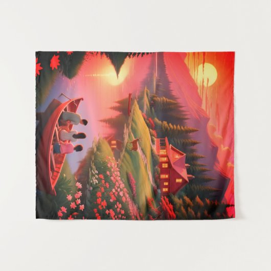 夕日絵を描と湖とコテージ-00000 タペストリー (正面(横))