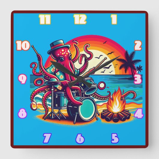 夕日遊のビーチによるタコの太鼓 スクエア壁時計 (正面)