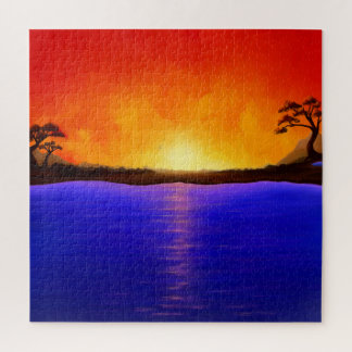 夕日/日の絵画出、湖の風景、赤い空 ジグソーパズル