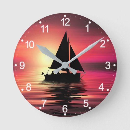夕日、海のセーリングボート–39186 ラウンド壁時計 (正面)