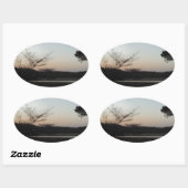 夕日、湖の矢印の上に昇る月 楕円形シール (シート)