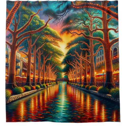 「夕暮れのリフレクション：サンアントニオ・リバーウォーク」 シャワーカーテン (正面)